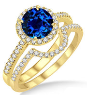 2 Carat Sapphire and Moissanite Diamond Halo Bridal Set Engagement Ring on 10k Yellow Gold