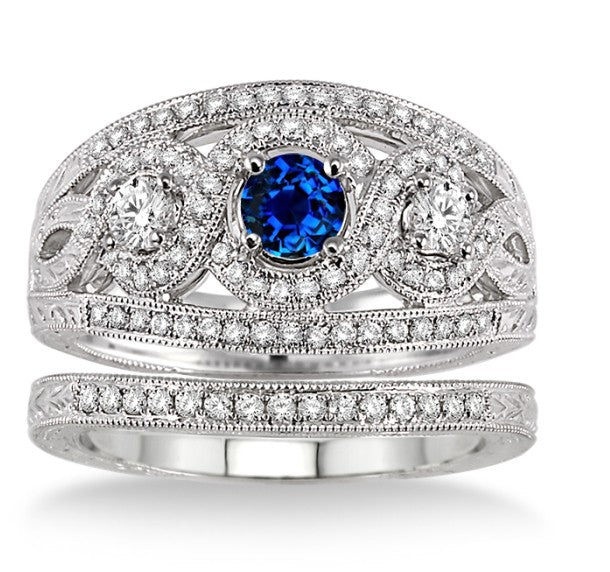 2 Carat Sapphire and Moissanite Diamond Trilogy set Ring on 10k White Gold