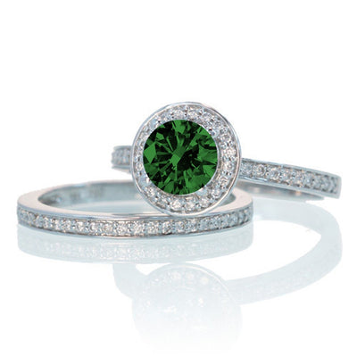 2 Carat Unique Classic Halo Round Emerald and Moissanite Diamond Bridal Ring Set on 10k White Gold