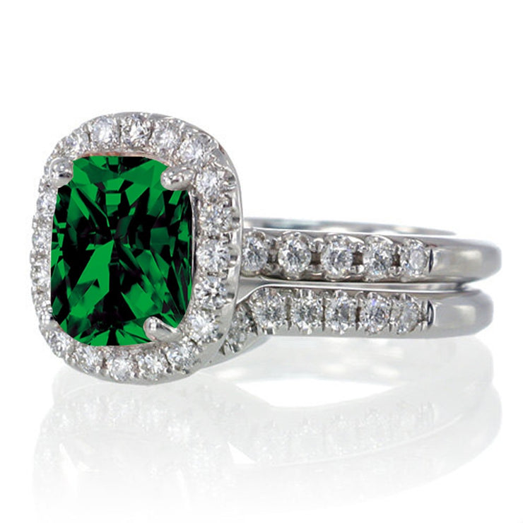 2 Carat Unique Emerald and Moissanite Diamond Bridal Ring Set on 10k White Gold