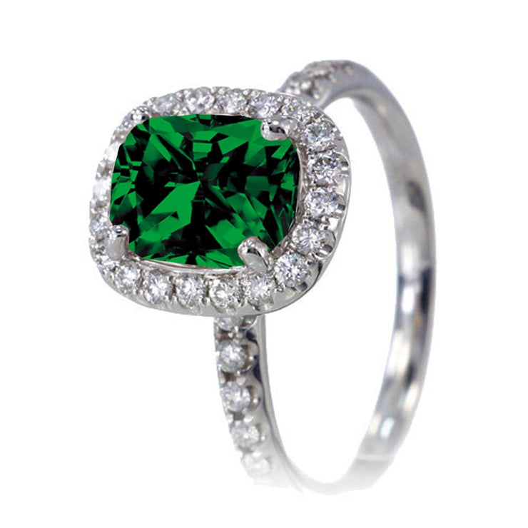 2 Carat Unique Emerald and Moissanite Diamond Bridal Ring Set on 10k White Gold