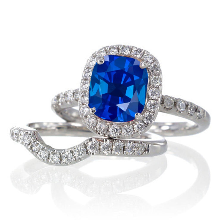 2 Carat Unique Sapphire and Moissanite Diamond Bridal Ring Set on 10k White Gold