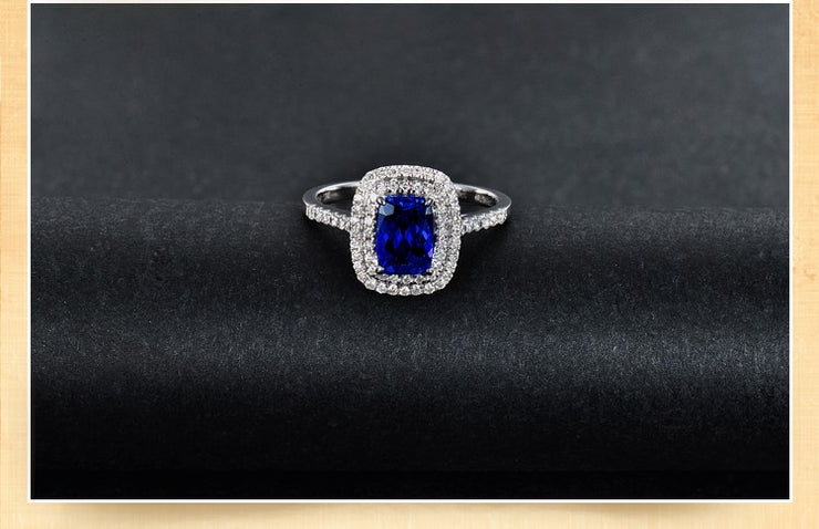 2 Carat Vintage Blue Sapphire and Moissanite Diamond Halo Engagement Ring for Women in White Gold