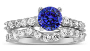 2 Carat Vintage Round cut Blue Sapphire and Moissanite Diamond Wedding Ring Set in White Gold