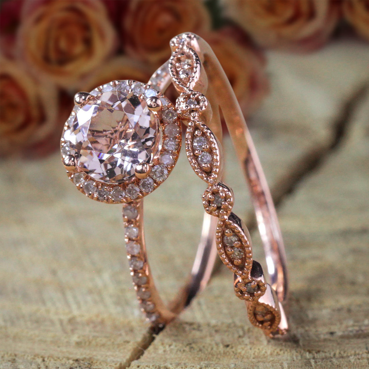 Halo Art Deco 1.50 Carat Peach Pink Round Cut Morganite and Black Diamond Moissanite Engagement Bridal Wedding Ring Set 10K Rose Gold