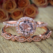 Antique Vintage Design 2 carat Round Morganite Diamond Halo Bridal Wedding Ring Set in 10k Rose Gold