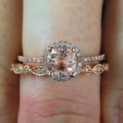 Antique Vintage Design 2 carat Round Morganite Diamond Halo Bridal Wedding Ring Set in 10k Rose Gold