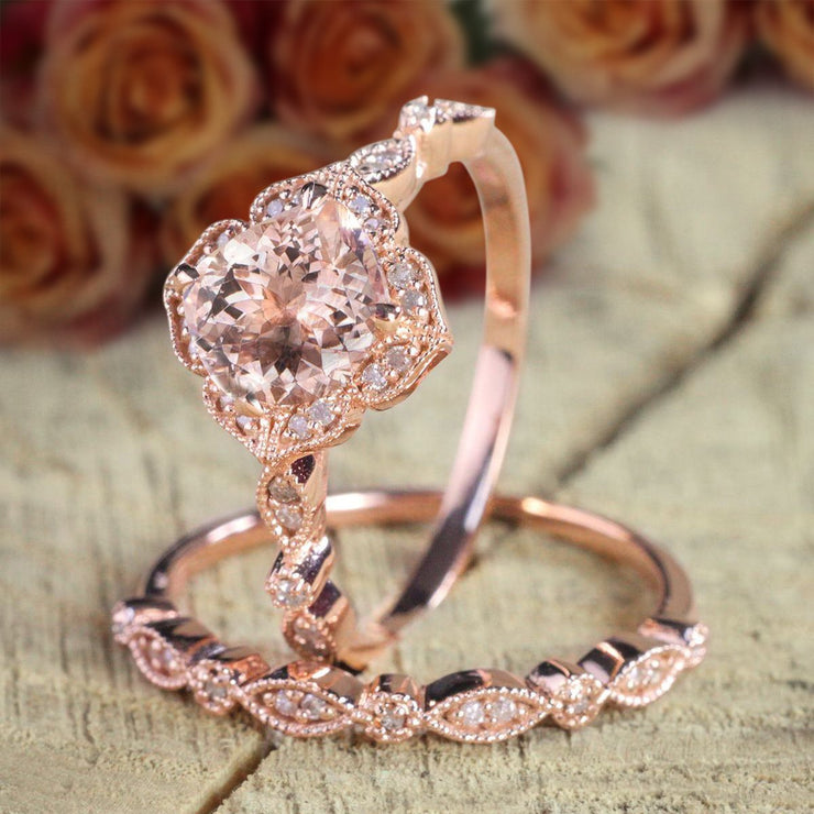 1.50 carat Round Cut Real Natural Morganite and Diamond Halo Bridal Wedding Ring Set 