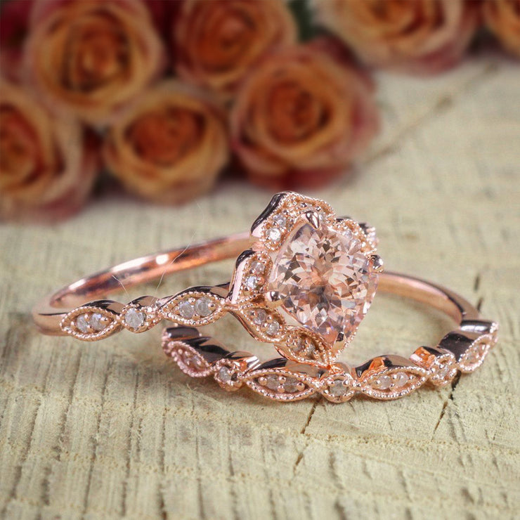 1.50 carat Round Cut Real Natural Morganite and Diamond Halo Bridal Wedding Ring Set in Rose Gold