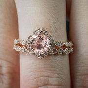 1.50 carat Round Cut Real Natural Morganite and Diamond Halo Bridal Wedding Ring Set in Rose Gold