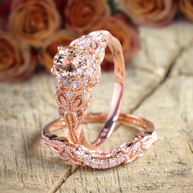 Art Deco Morganite Bridal Set 1.50 carat Morganite Diamond Halo Wedding Ring Set in 10k Rose Gold