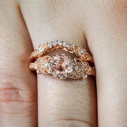 Art Deco Morganite Bridal Set 1.50 carat Morganite Diamond Halo Wedding Ring Set in 10k Rose Gold