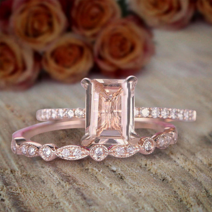 1.50 carat emerald Cut Morganite and Diamond Bridal Set Engagement Ring on Sale
