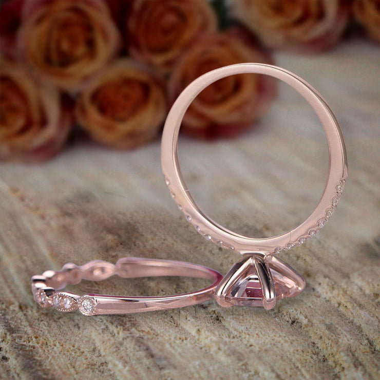 1.50 carat emerald Cut Morganite and Diamond Bridal Set Engagement Ring 10k Rose Gold on Sale