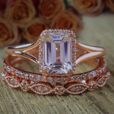 2 carat Emerald cut Morganite Diamond Trio Ring Set , 1 Engagement Ring 2 Wedding Bands
