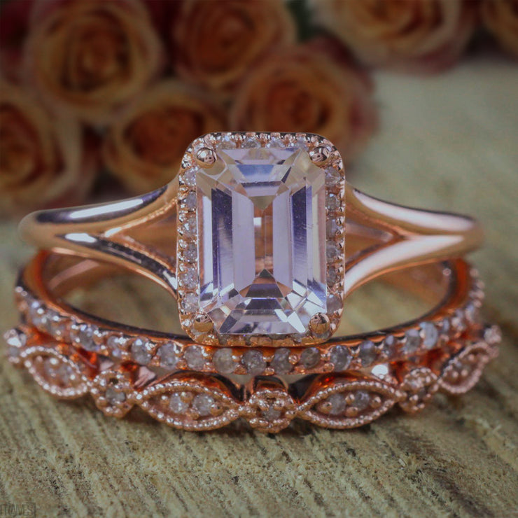 2 carat Emerald cut Morganite Diamond Trio Ring Set 10k Rose Gold, 1 Engagement Ring 2 Wedding Bands