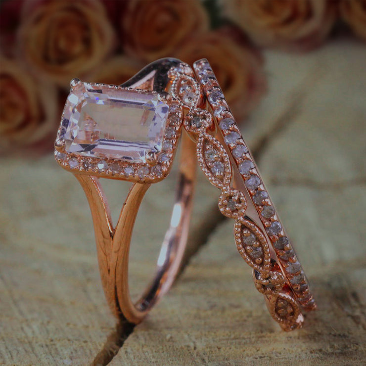 2 carat Emerald cut Morganite Diamond Trio Ring Set 10k Rose Gold, 1 Engagement Ring 2 Wedding Bands