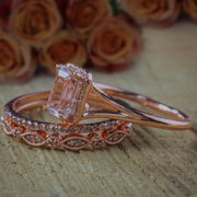 2 carat Emerald cut Morganite Diamond Trio Ring Set , 1 Engagement Ring 2 Wedding Bands