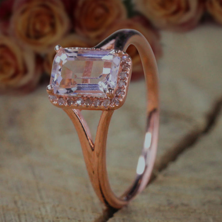 Sale: 1.25 Carat Peach Pink Morganite and Diamond Split Shank Halo Engagement Ring in 10k Rose Gold