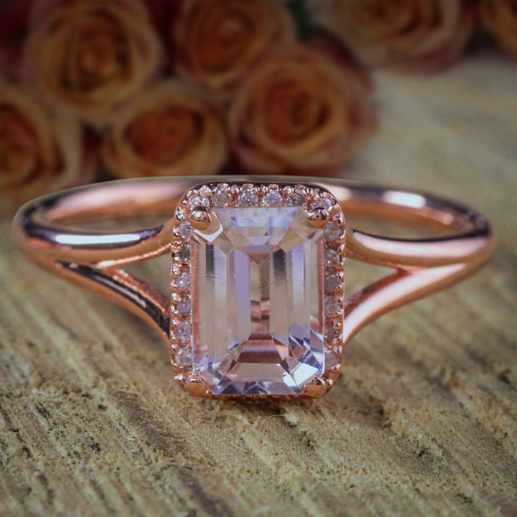 Sale: 1.25 Carat Peach Pink Morganite and Diamond Split Shank Halo Engagement Ring in 10k Rose Gold
