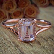 Sale: 1.25 Carat Peach Pink Morganite and Diamond Split Shank Halo Engagement Ring 