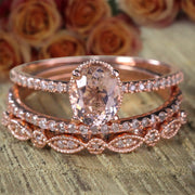 Sale 2 carat Antique Design Oval Shape Morganite & Diamond Trio Ring Set in 10k Rose Gold 