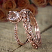 Sale 2 carat Antique Design Oval Shape Morganite & Diamond Trio Ring Set in 10k Rose Gold 