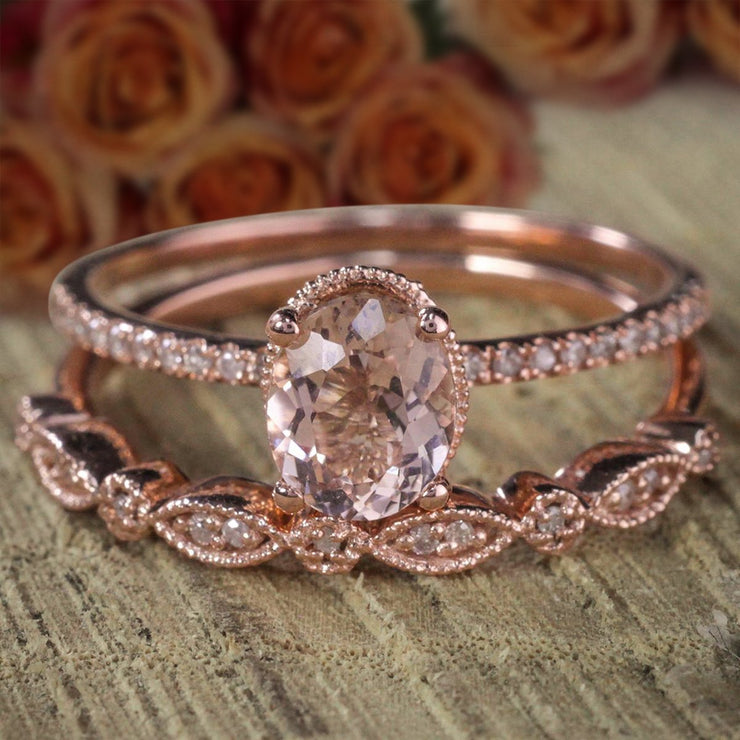 Art Deco 1.50 carat Oval cut Solitaire Morganite Bridal Wedding ring Set with in Sterling Silver 18k Rose Gold Plating