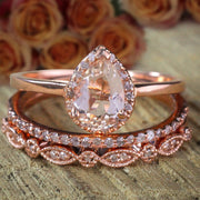 Sale 2.25 carat Pear shape Morganite and Diamond Halo Trio Bridal Wedding Ring Set 