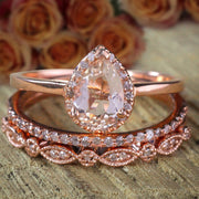 Sale 2.25 carat Pear shape Morganite and Diamond Halo Trio Bridal Wedding Ring Set  on 10k Rose Gold