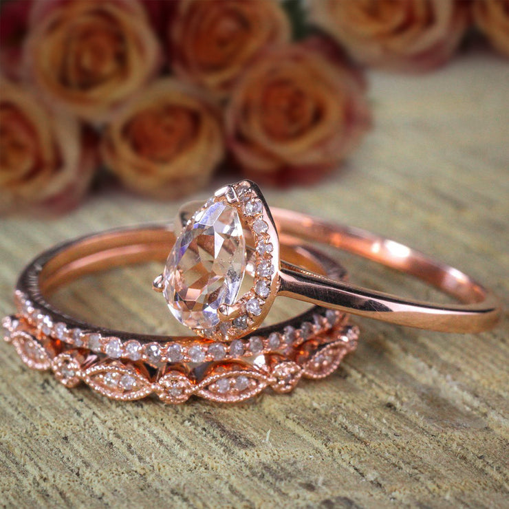 Sale 2.25 carat Pear shape Morganite and Diamond Halo Trio Bridal Wedding Ring Set  on 10k Rose Gold