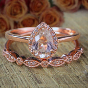 2 carat Pear shape Morganite and Diamond Halo Bridal Wedding Ring Set Antique Design 10k Rose Gold