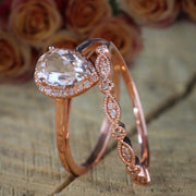 2 carat Pear shape Morganite and Diamond Halo Bridal Wedding Ring Set Antique Design 