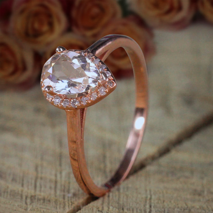 1.25 Carat Pear cut Solitaire Morganite and Diamond Halo Engagement Ring 10k Rose Gold on Sale