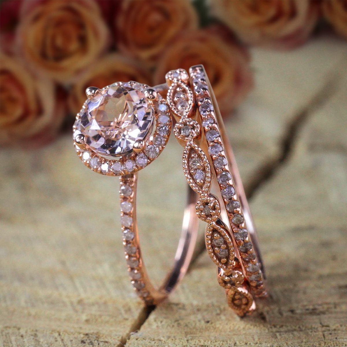 Halo Art Deco 1.50 Carat Peach Pink Round Cut Morganite and Black Diamond Moissanite Engagement Bridal Wedding Ring Set 10K Rose Gold