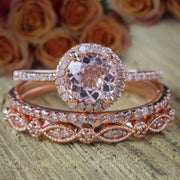 2 carat Morganite Diamond Trio Ring Set 10k Rose Gold, 1 Halo Engagement Ring and 2 Wedding Bands