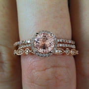 2 carat Morganite Diamond Trio Ring Set , 1 Halo Engagement Ring and 2 Wedding Bands