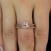 2 carat Morganite Diamond Trio Ring Set , 1 Halo Engagement Ring and 2 Wedding Bands