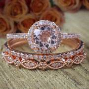 2 carat Round Morganite and Diamond Trio Ring Set in 10k Rose Gold Engagement Ring 2 Wedding Bands
