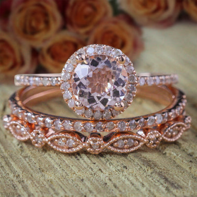 2 carat Round Morganite and Diamond Trio Ring Set in 10k Rose Gold Engagement Ring 2 Wedding Bands