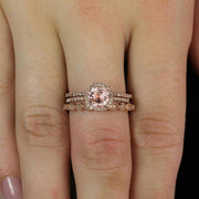 2 carat Round Morganite and Diamond Trio Ring Set Engagement Ring 2 Wedding Bands