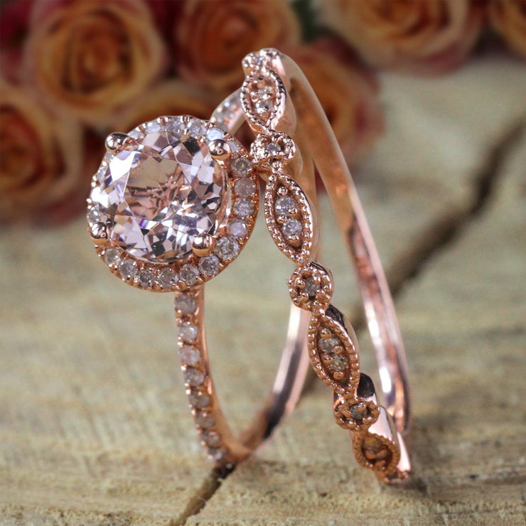 Sale Antique Vintage Design 2 carat Round Morganite Diamond Halo Bridal Wedding Ring Set 