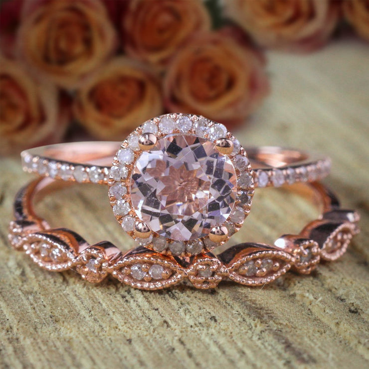 Sale Antique Vintage Design 2 carat Round Morganite Diamond Halo Bridal Wedding Ring Set 