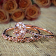 Sale Antique Vintage Design 2 carat Round Morganite Diamond Halo Bridal Wedding Ring Set Rose Gold