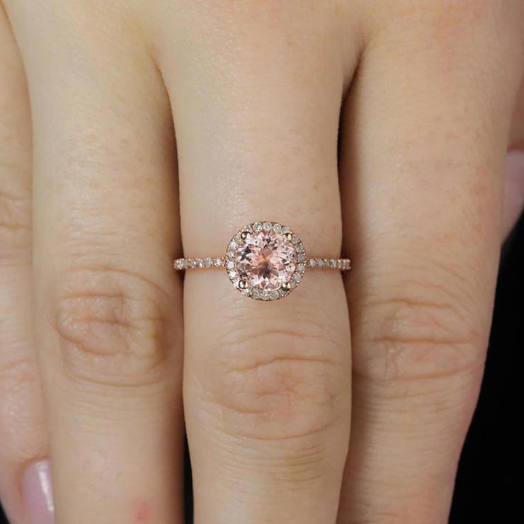 Huge Sale 1.50 Carat Morganite (Round cut Morganite) Diamond Halo Engagement Ring in 10k Rose Gold