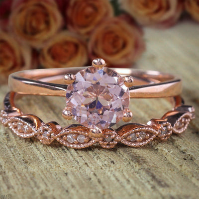 Sale Antique 1.25 carat Round Cut Morganite and Diamond Bridal Wedding Ring Set 