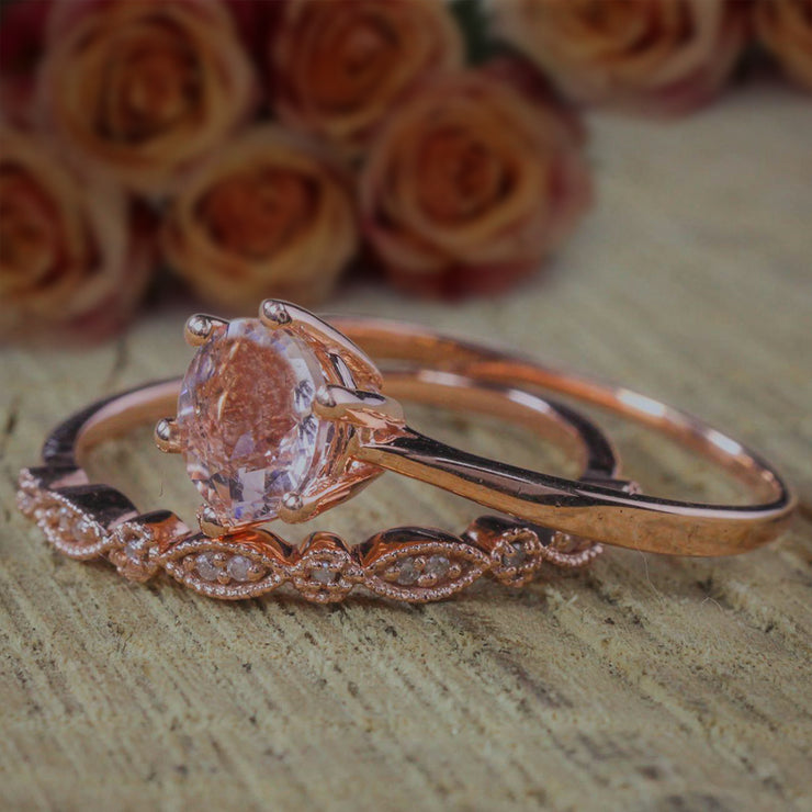 Sale Antique 1.25 carat Round Cut Morganite and Diamond Bridal Wedding Ring Set on 10k Rose Gold