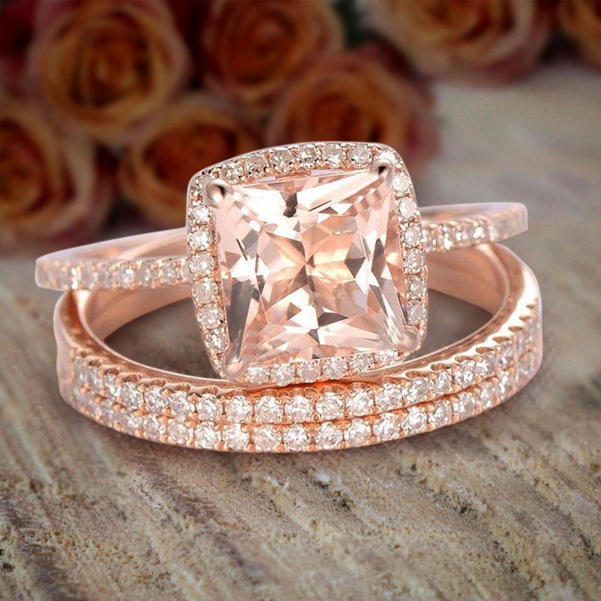 2 Carat Morganite And Diamond Moissanite Trio Set Engagement Ring