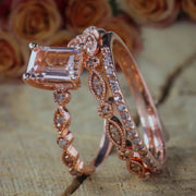2 carat Morganite and Diamond Trio Ring Set in 10k Rose Gold Engagement Ring with two matching bands