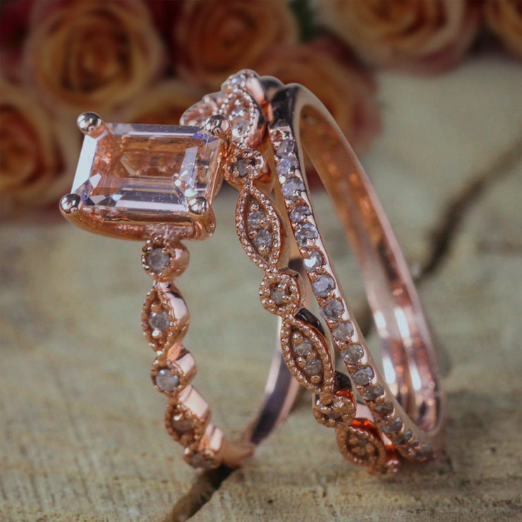 2 carat Morganite and Diamond Trio Ring Set Engagement Ring with two matching bands